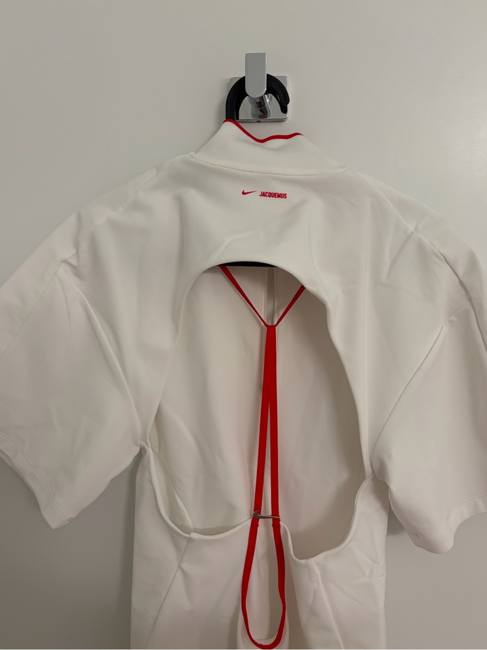 Jacquemus x Nike White Open-Back Short Sleeve dress with Red Strap